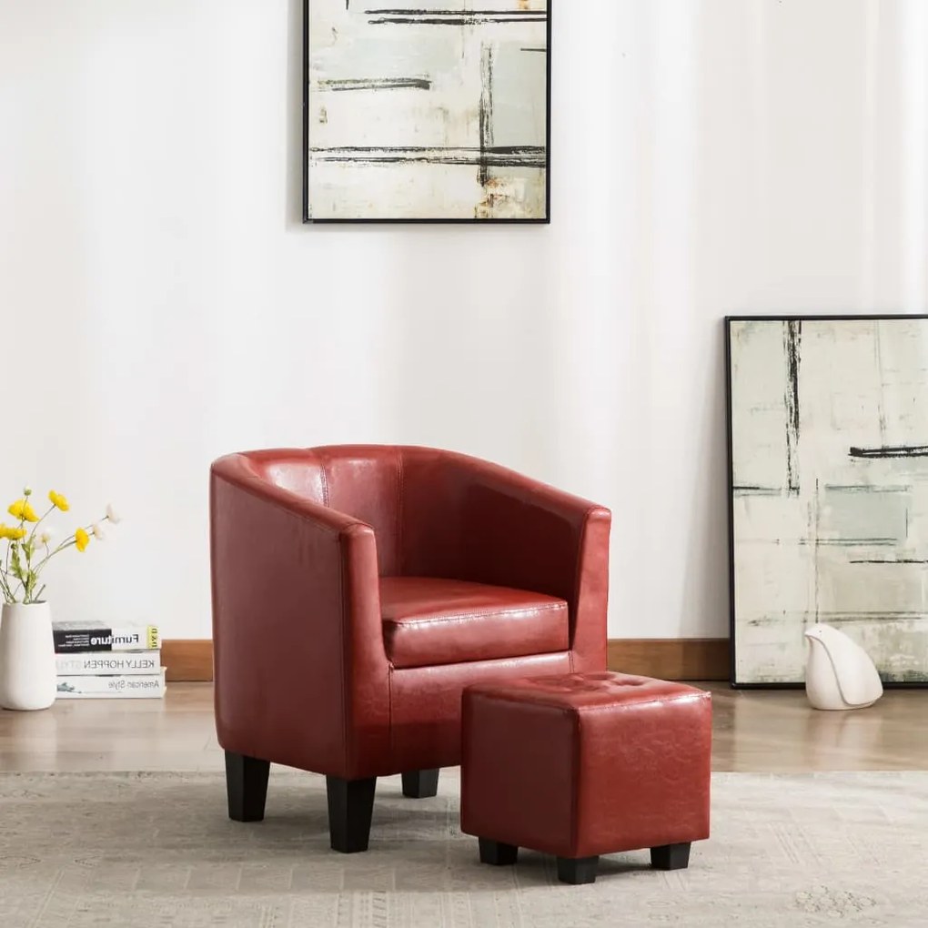 vidaXL Poltrona com apoio de pés couro artificial vermelho tinto