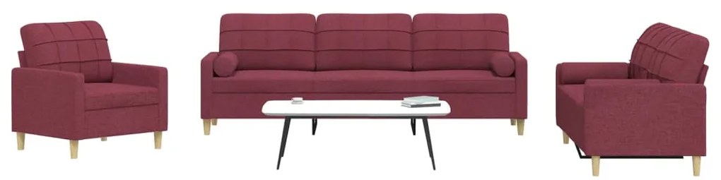 3 pcs conjunto de sofás com almofadas tecido vermelho-tinto