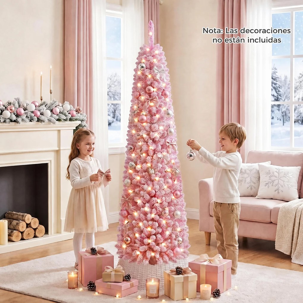 Árvore de Natal Artificial Tipo Lápis, 45 x 45 x 180 cm, Luzes LED Integradas, Rosa