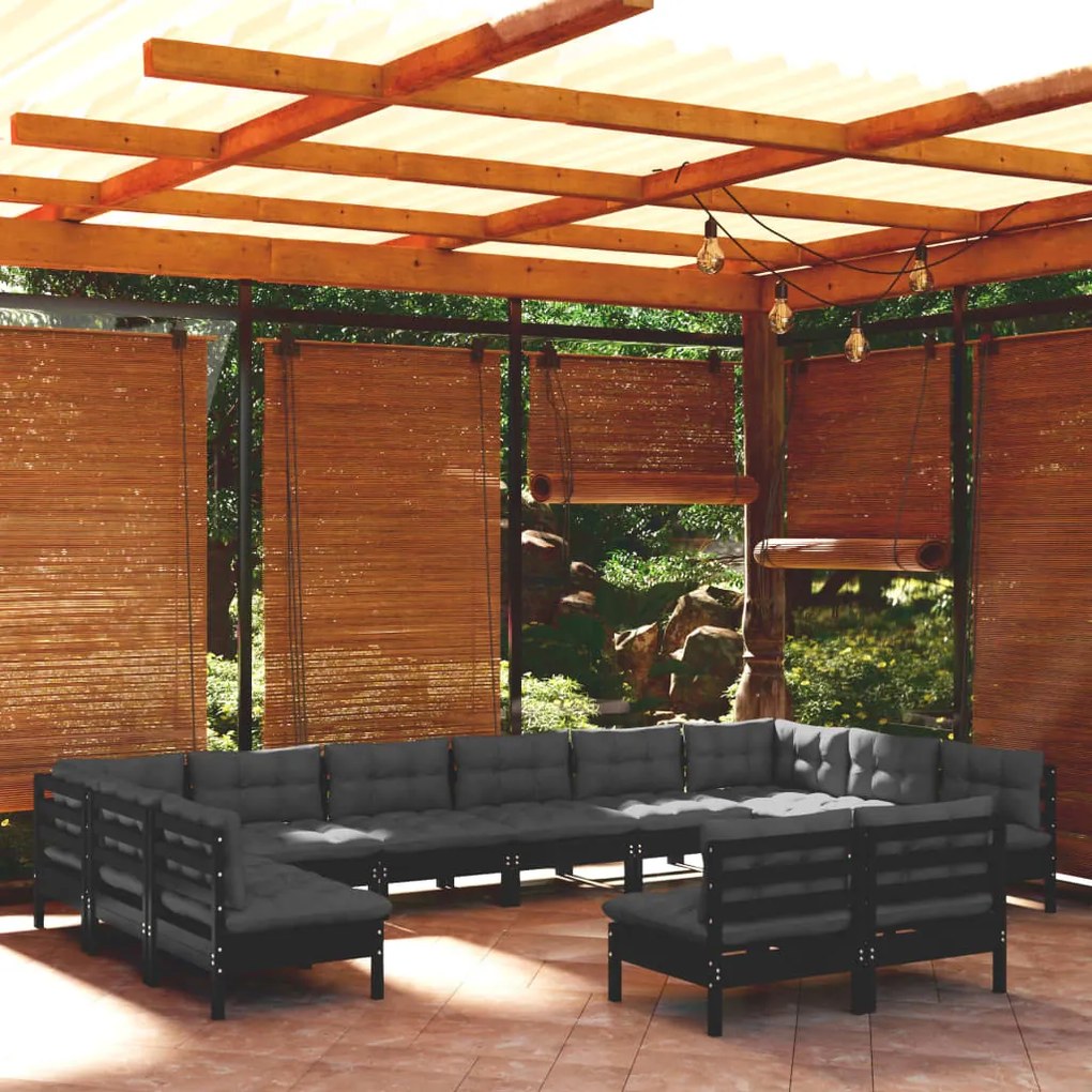 vidaXL 12 pcs conjunto lounge jardim c/ almofadões pinho maciço preto