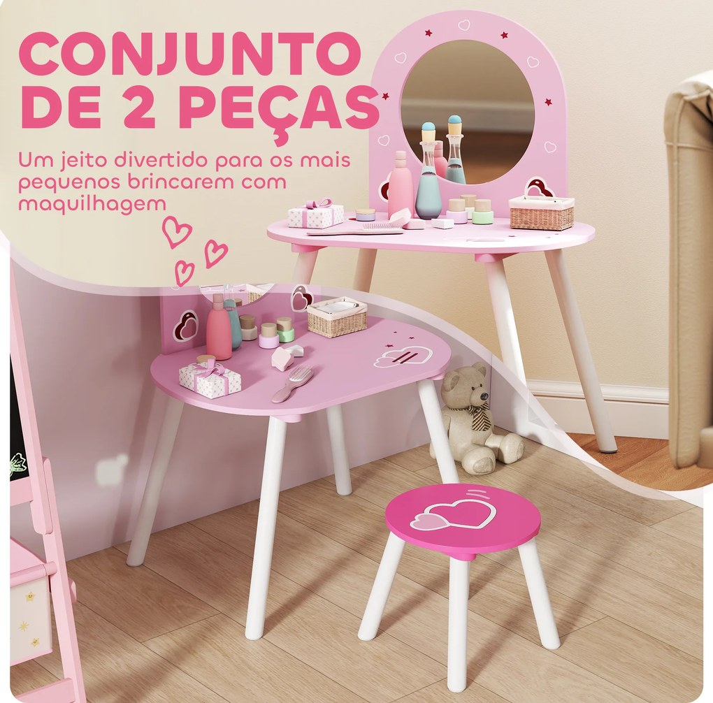 Toucador Infantil com Banco e Espelho Toucador para Meninas com Desenhos de Corações  60x43,5x83 cm  Rosa