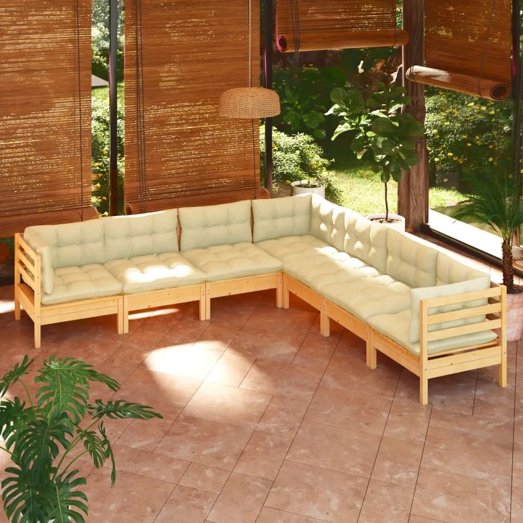 vidaXL 7 pcs conjunto lounge jardim c/ almofadões creme pinho maciço