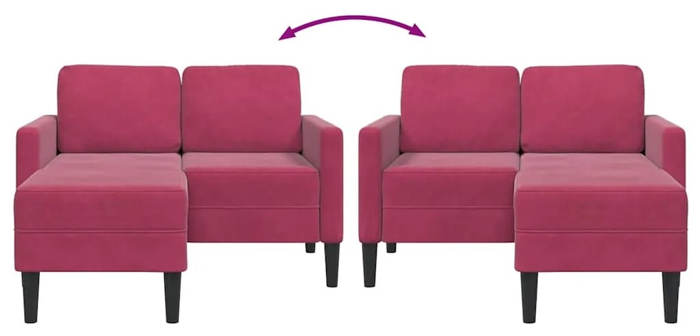 Sofá 2 lugares com Chaise em L 125 cm veludo vermelho tinto