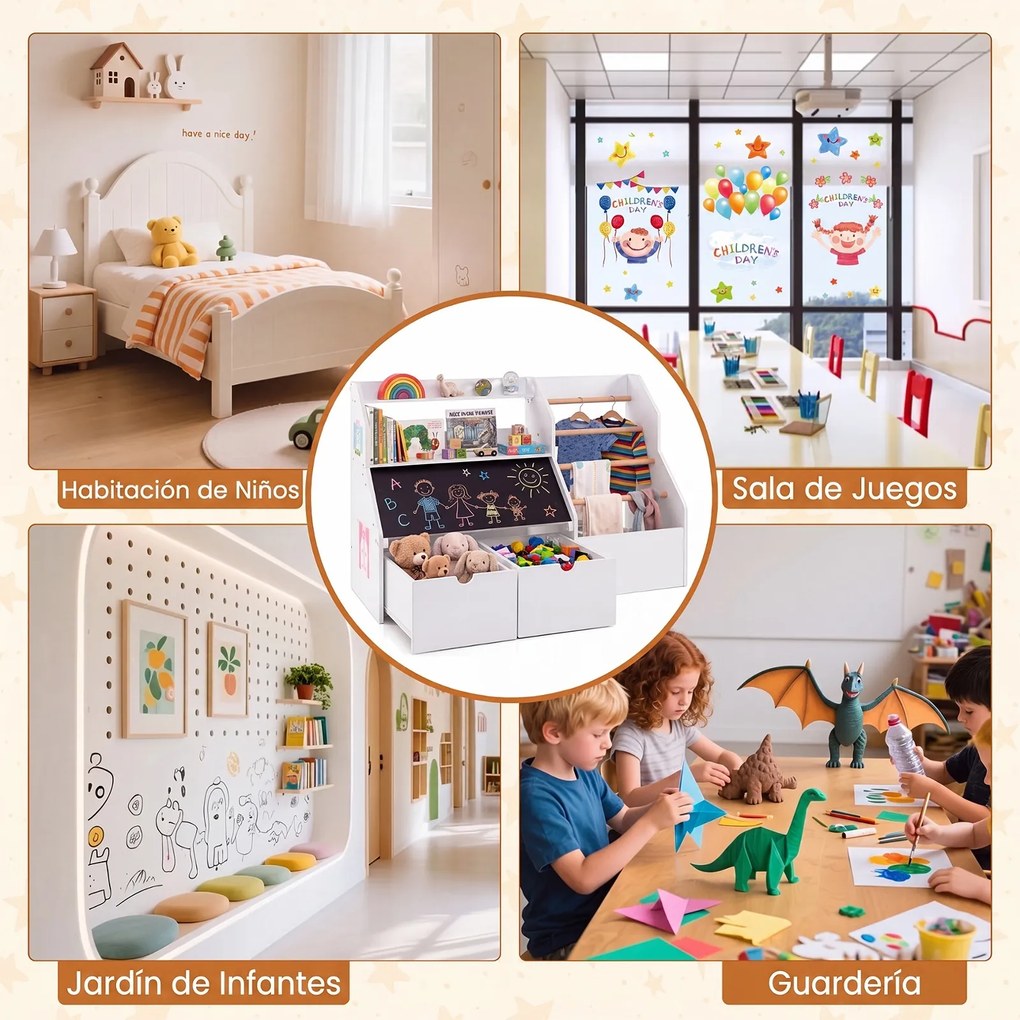Estante Infantil para Brinquedos, 104 x 40 x 70 cm, com Quadro de Ardósia, Branco