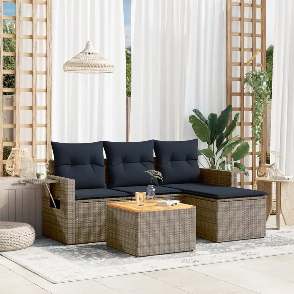 vidaXL 5 pcs conjunto sofás p/ jardim c/ almofadões vime PE cinzento