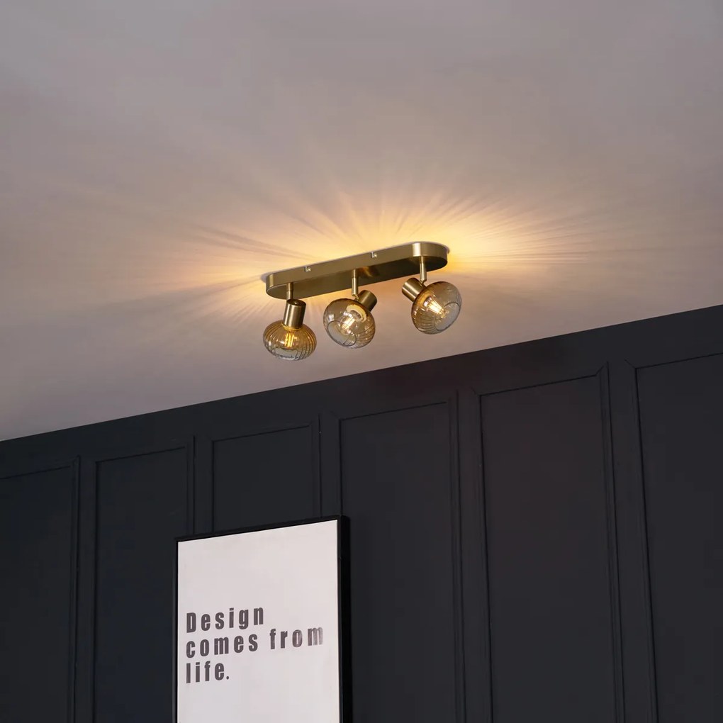 Candeeiro de teto redondo dourado com vidro âmbar 3 luzes - Teddy