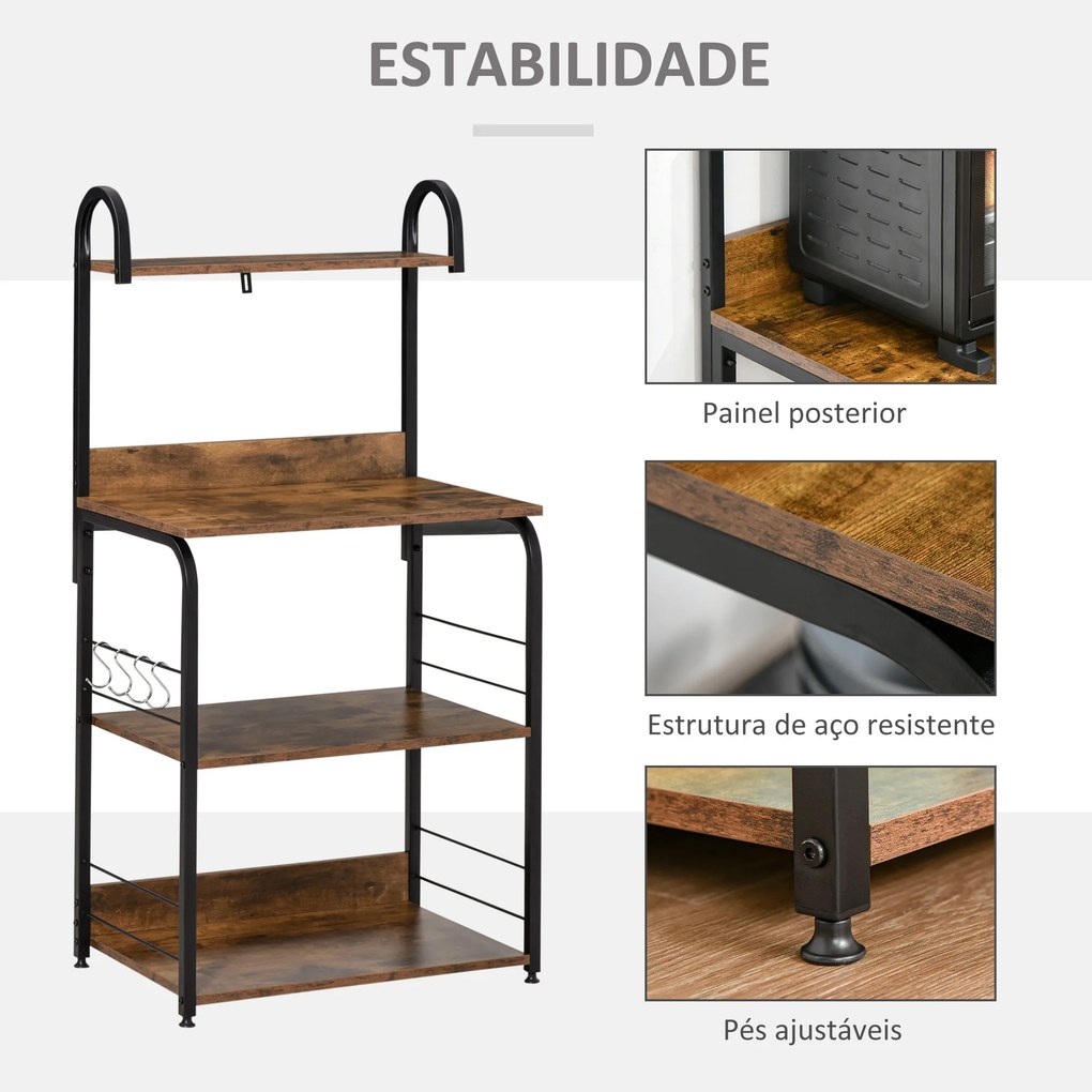 Estante de Cozinha Estante para Microondas com 4 Níveis Ganchos e Pés Ajustáveis Estante de Armazenamento 60x40x125 cm Castanho Rústico