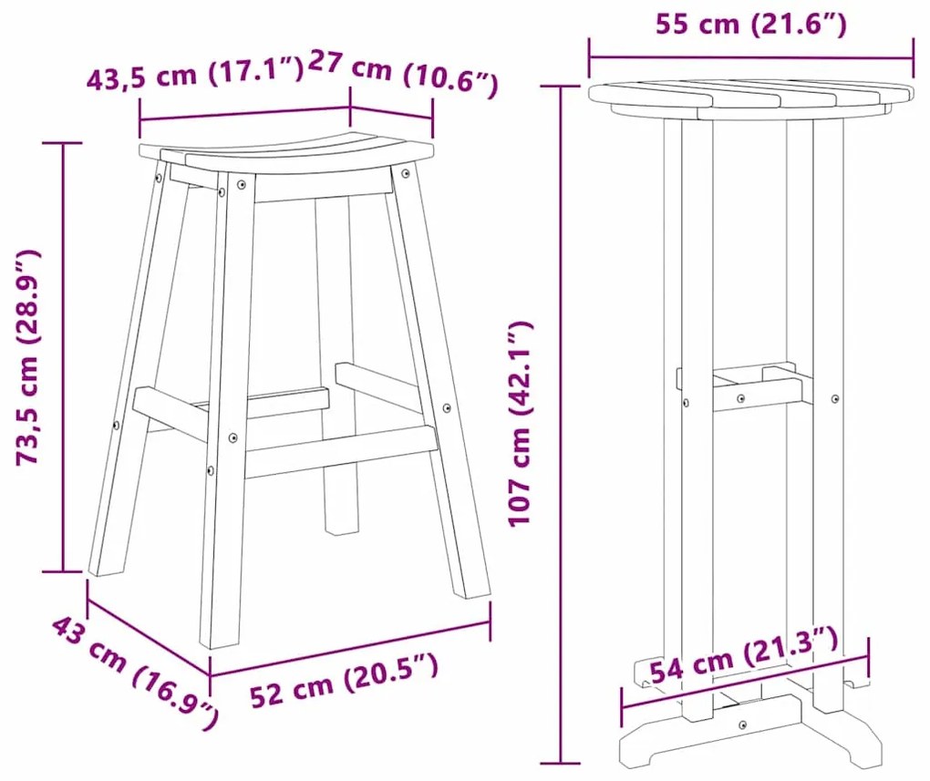 Conjunto de Bar de Jardim vidaXL 3 Peças Preto HDPE