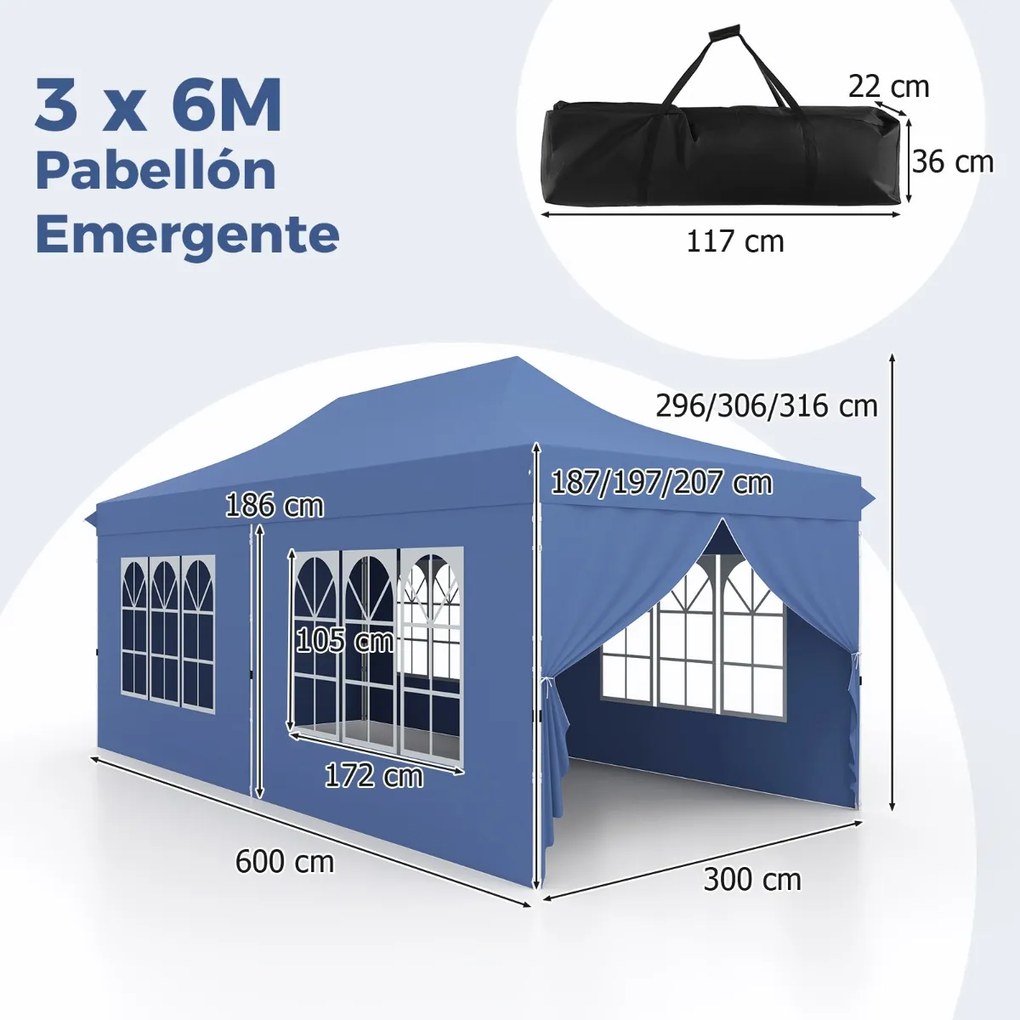 Tenda jardim, festas, eventos de 600 x 300 cm com 6 paredes laterais removíveis, com 6 pesos com bolsa de transporte Azul