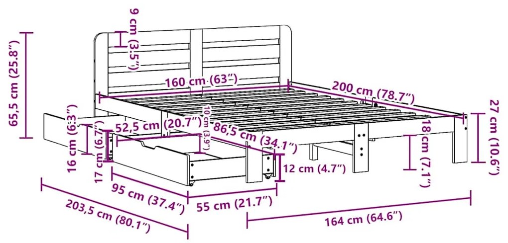 Cama sem colchão 160x200 cm madeira de pinho maciça branco