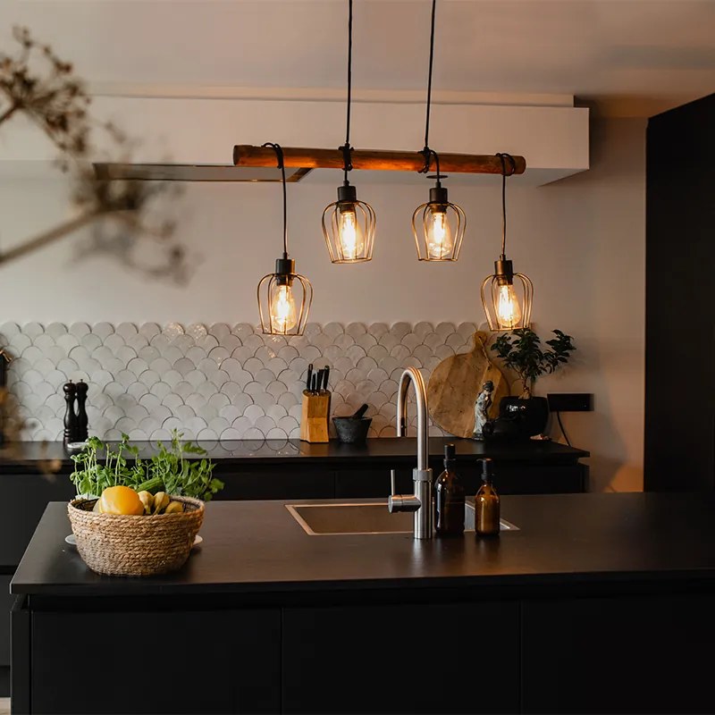 Candeeiro de suspensão inteligente preto com madeira incl. 4 Wifi A60 - Stronk