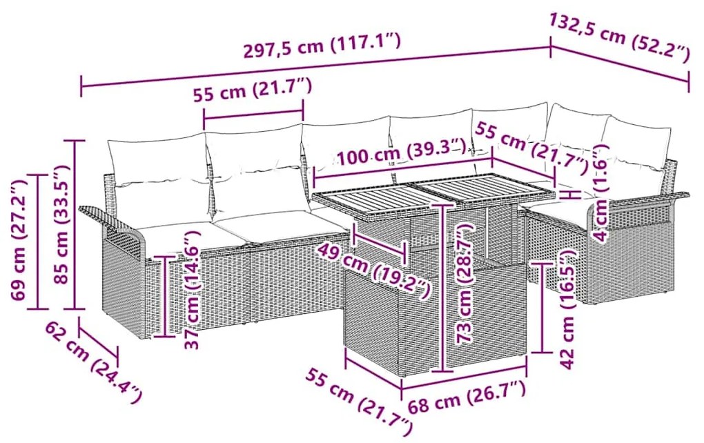 Conjunto de Jantar para Jardim 7 Peças com Almofadas Pretas de Rattan
