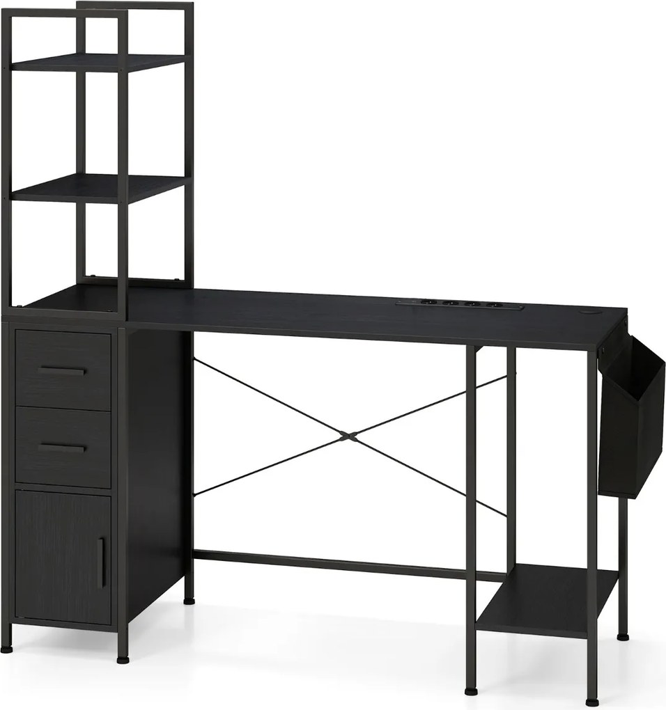 Secretária de escritório : 145 x 50 x 147,5 cm com luzes LED e tomadas elétricas Suporte para CPU e bolso de tecido preto