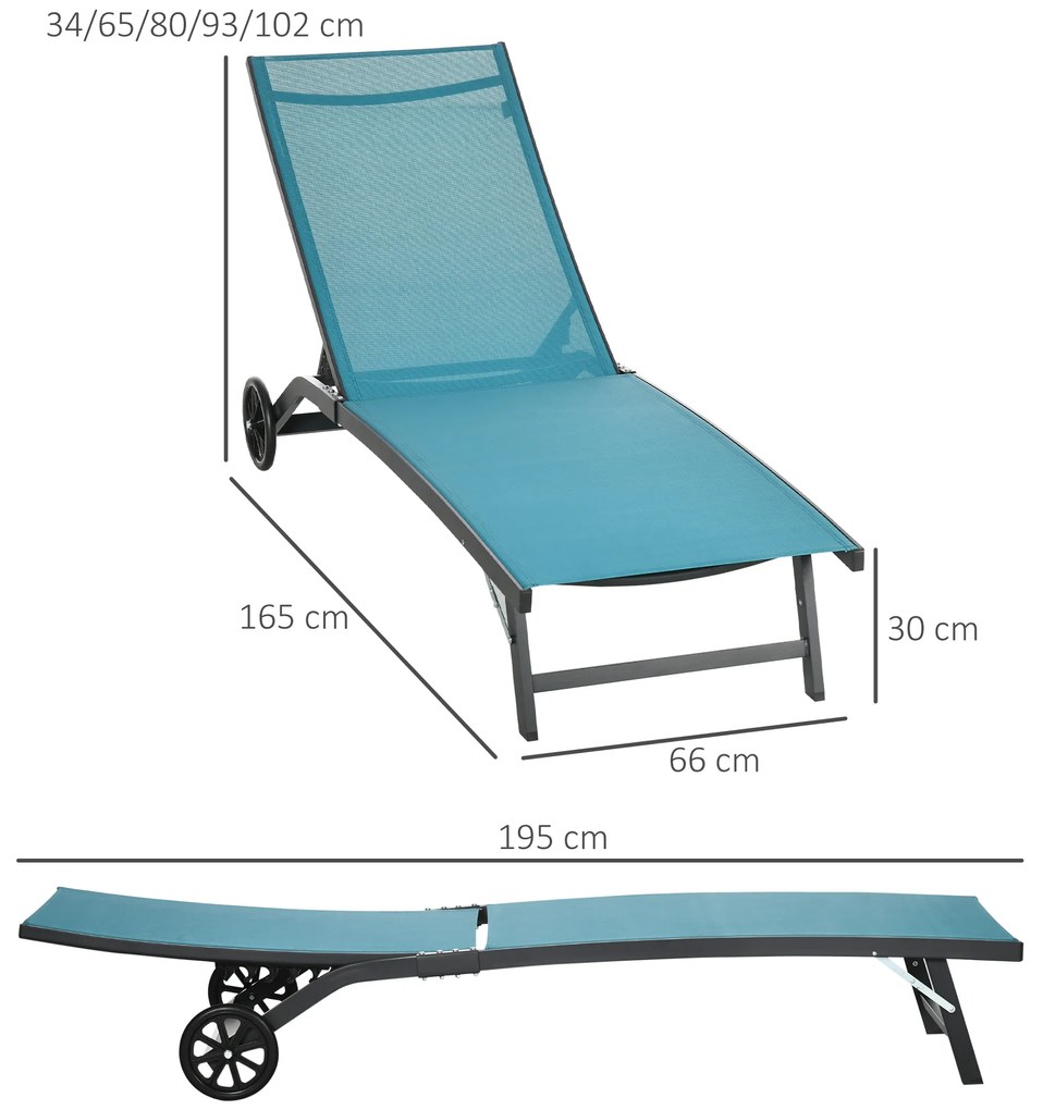 Conjunto de 2 Espreguiçadeiras para Exterior com Encosto Ajustável em 5 Níveis e Rodas para Praia Piscina 165x66x102 cm Azul