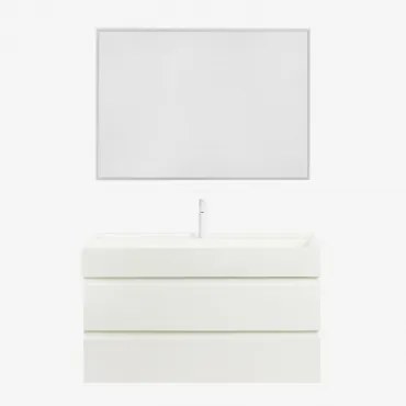 Conjunto De Móvel De Casa De Banho Suspenso Em Madeira E Folha De Freixo Com Lavatório Integrado Ona Branco & Led Retangular - Sklum