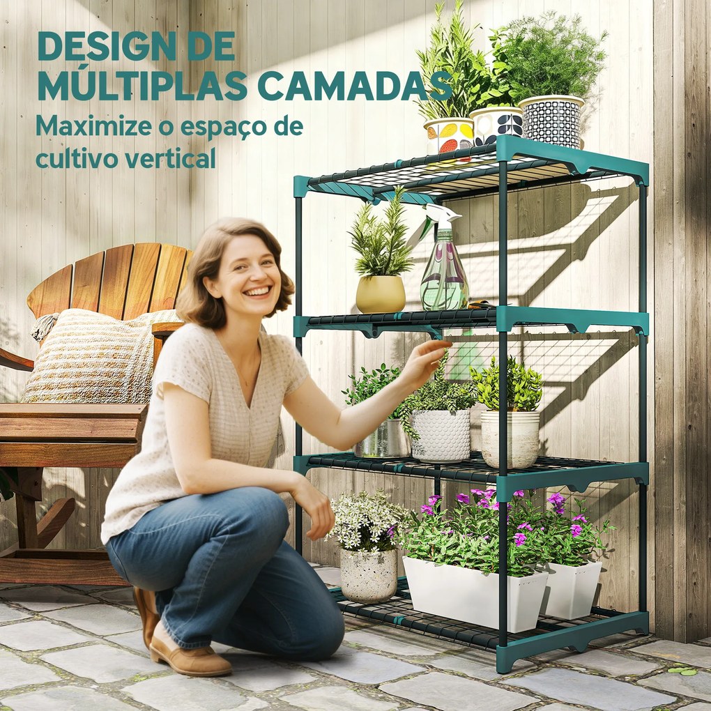 Suporte para Plantas de 4 Níveis Estante para Plantas em Aço Prateleiras de Grade 67x49x105 cm Verde Escuro