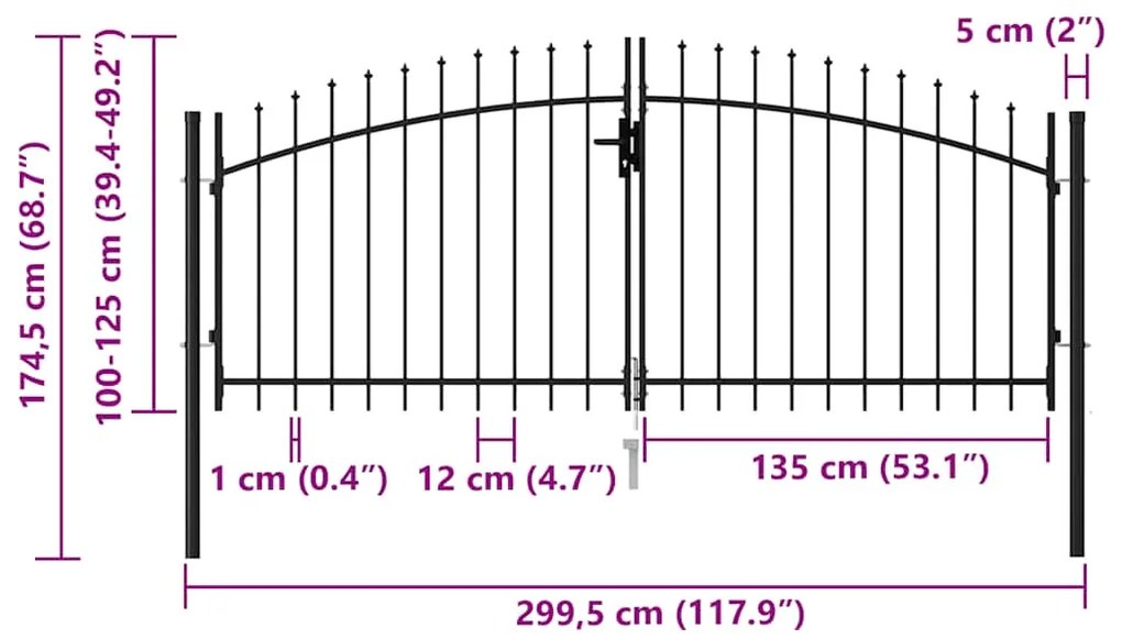 Portão p/ cerca porta dupla topo em espetos 3x1,25 m aço preto
