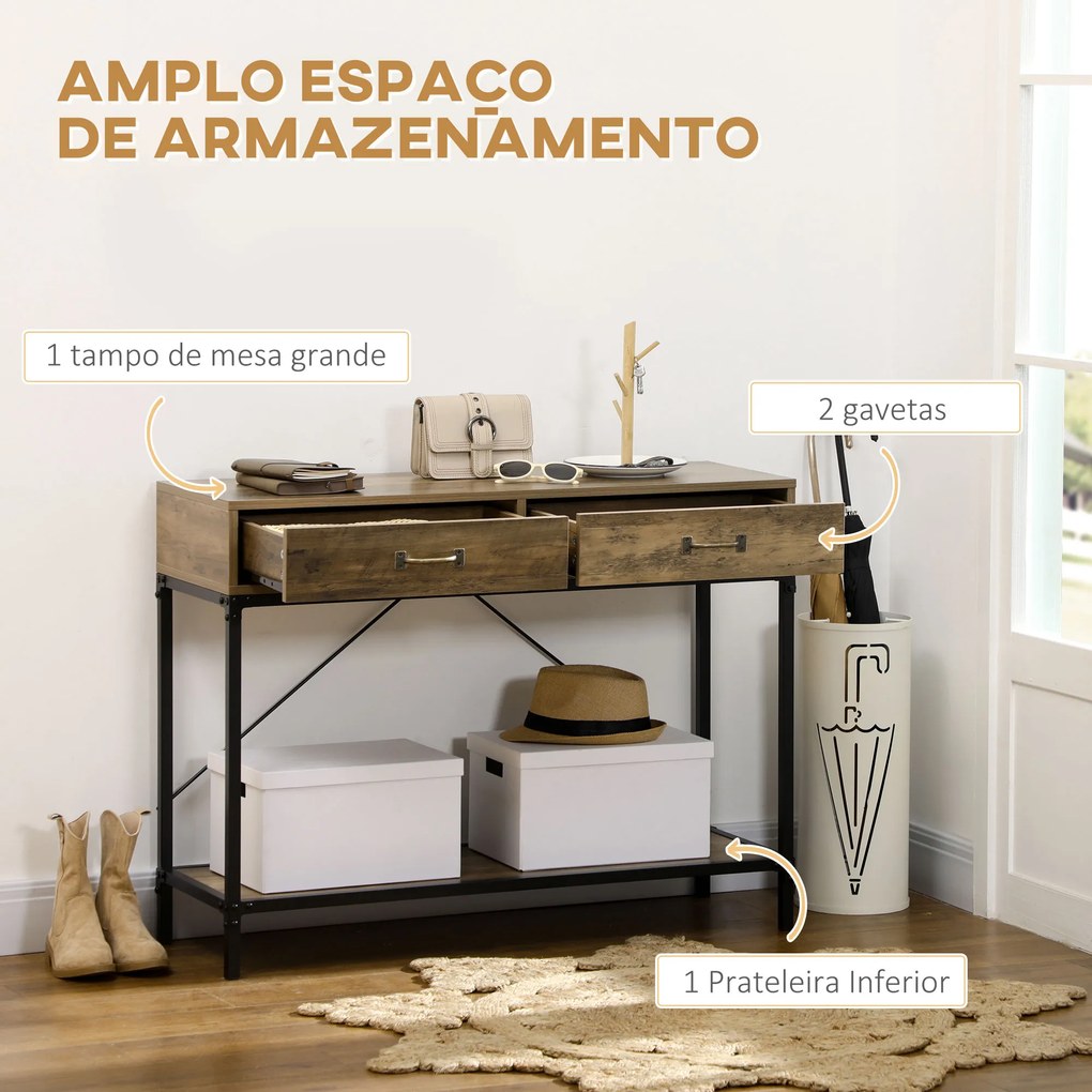 Mesa Consola Industrial Mesa de Sofá com 2 Gavetas e Prateleira para Entrada com Pés de Metal Castanho e Preto