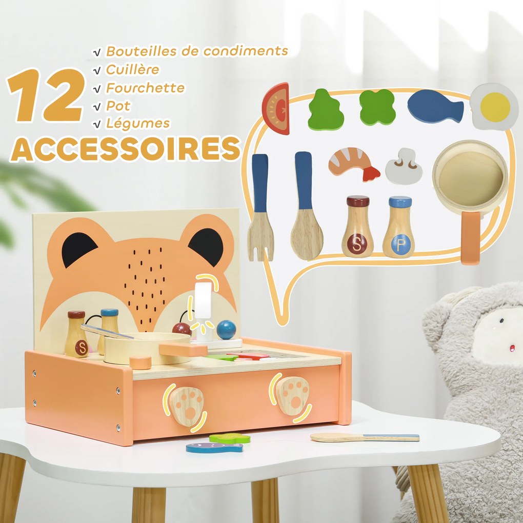 Mini-cozinha de brincar em madeira para crianças com 12 acessórios 31,5 L x 23,5 L x 25 A cm: frigideira, espátula, condimentos, frutas e legumes - pa