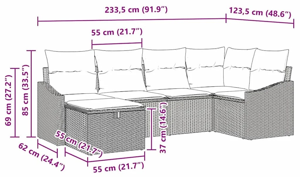 Conjunto de Sofá de Jardim 6 Peças com Almofadas Marrom Vime Poliéster