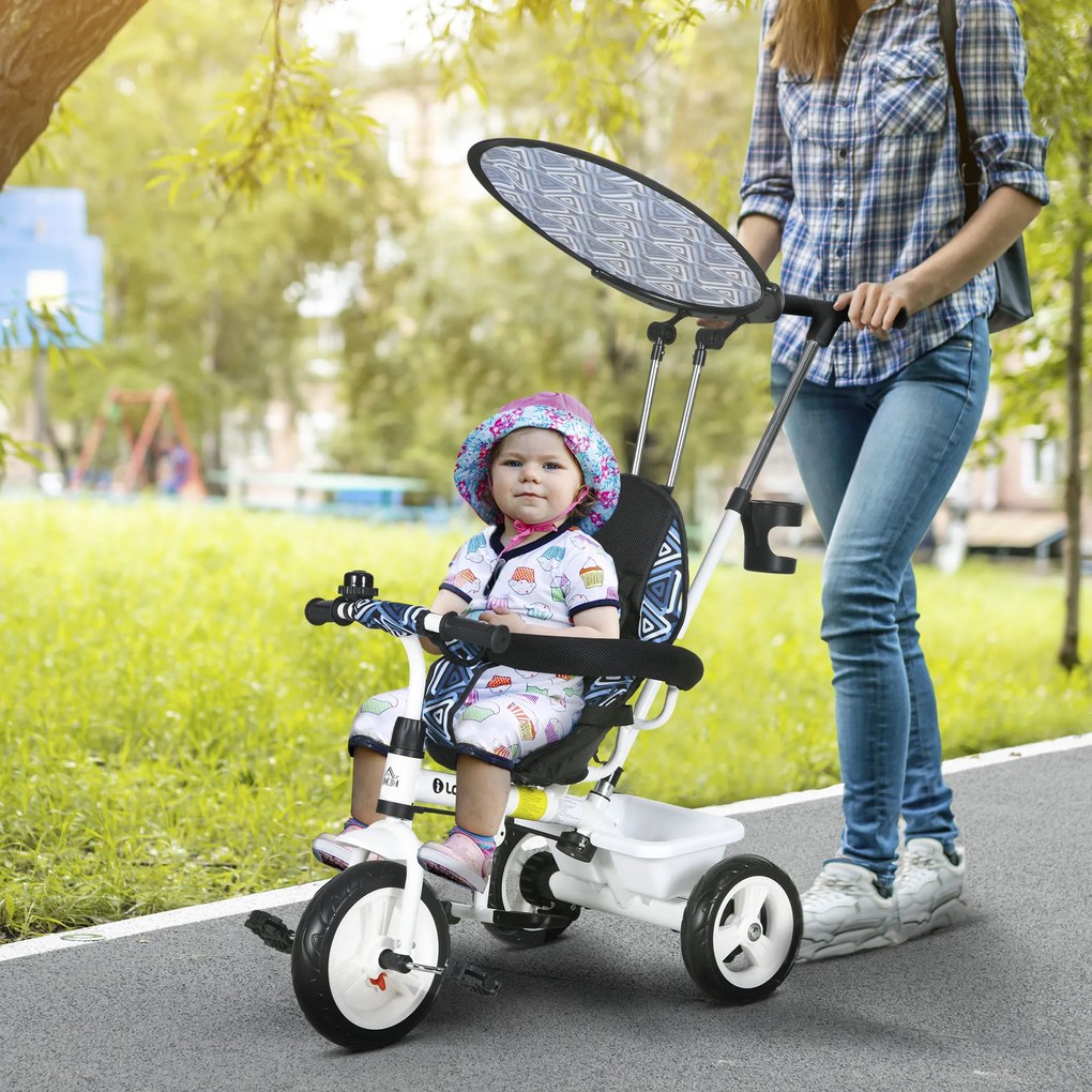 Triciclo para Bebés 2 em 1 Triciclo Evolutivo para Crianças com Toldo Dobrável e Guiador Telescópico 105x47x98 cm Branco