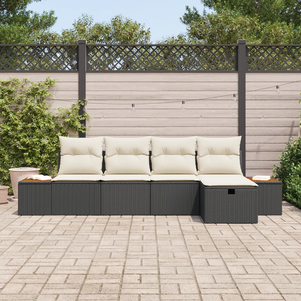 Conjunto de Sofá de Jardim com 5 Peças e Almofadas Preto Rattan Poliés