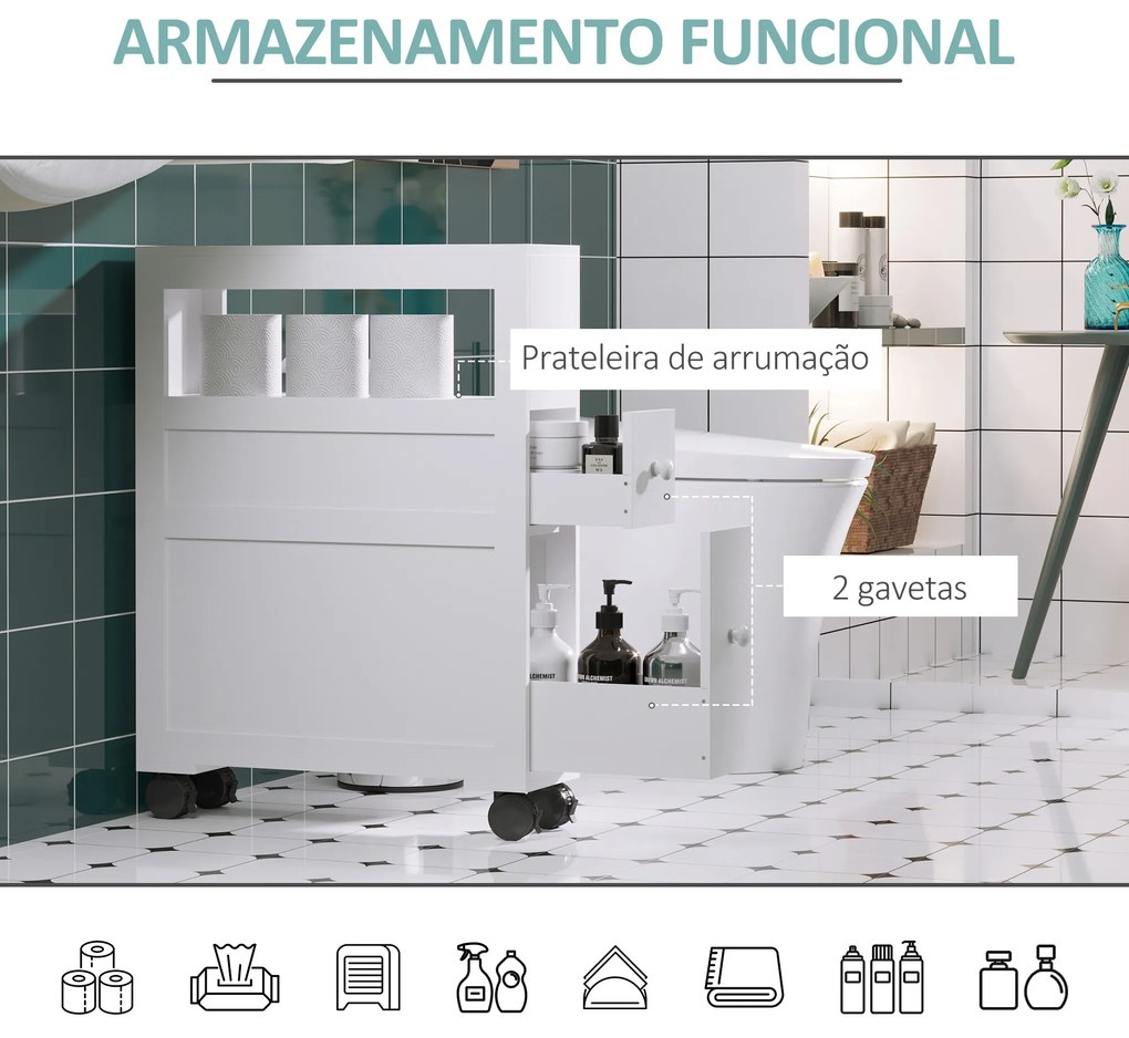 HOMCOM Móvel Auxiliar Casa de Banho Móvel Casa de Banho para Espaços Reduzidos com 4 Rodas Prateleira Aberta e Gavetas 16x52x71,5 cm Branco