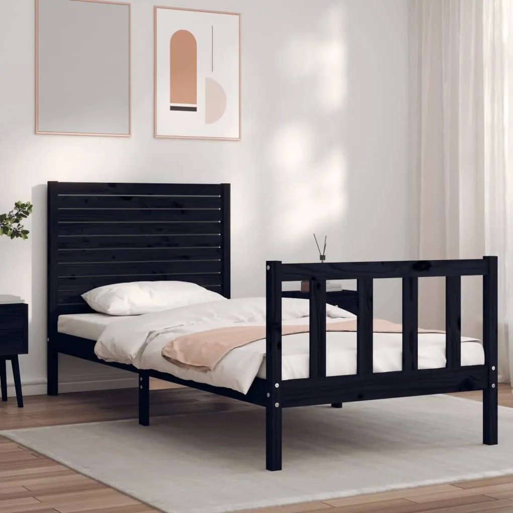 Estrutura de cama com cabeceira 100x200 cm madeira maciça preto