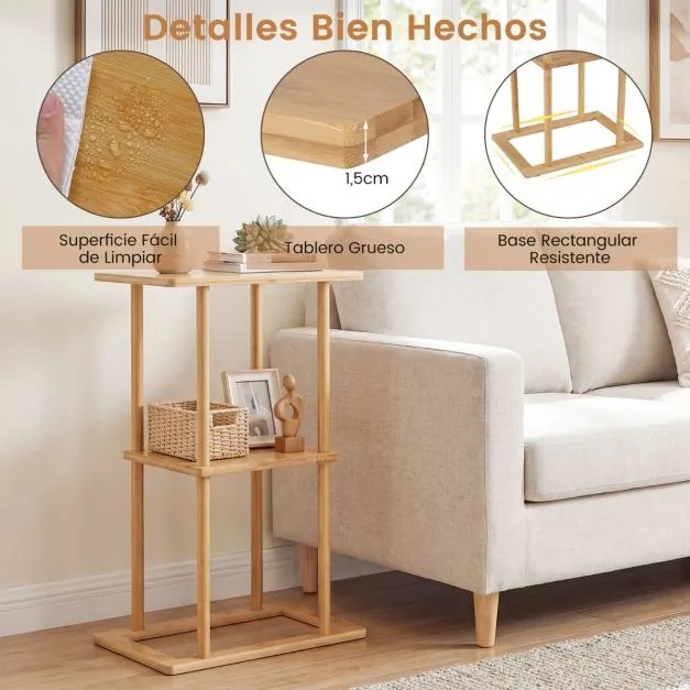 Conjunto de 2 mesas laterais retangulares de bambu 40 x 28 x 65 cm com prateleiras de arrumação para canto de sala de estar ou quarto Natural