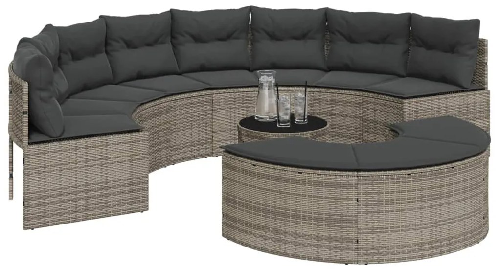 3 pcs conjunto de sofás de jardim semicircular vime PE cinzento