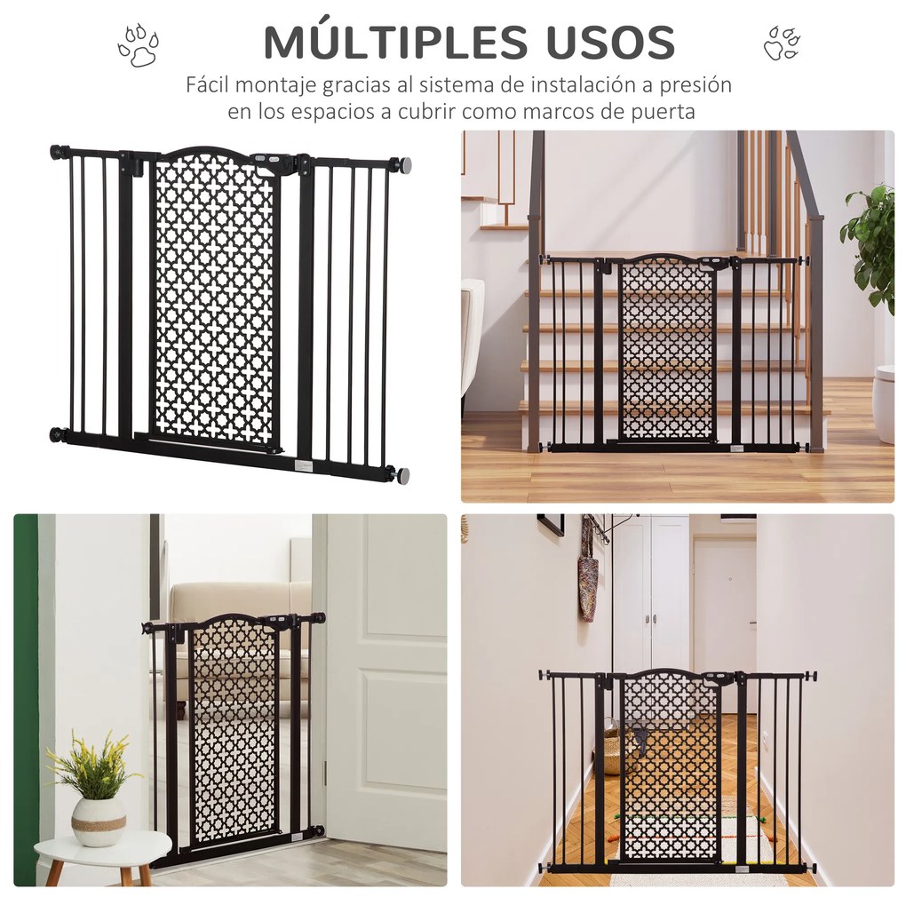 PawHut Barreira de Segurança para Cães Animais de Estimação para Portas Escadas Corredores 74-105cm com 2 Extensões de 10/15cm com Porta e Fechadura Automática Aço Preto