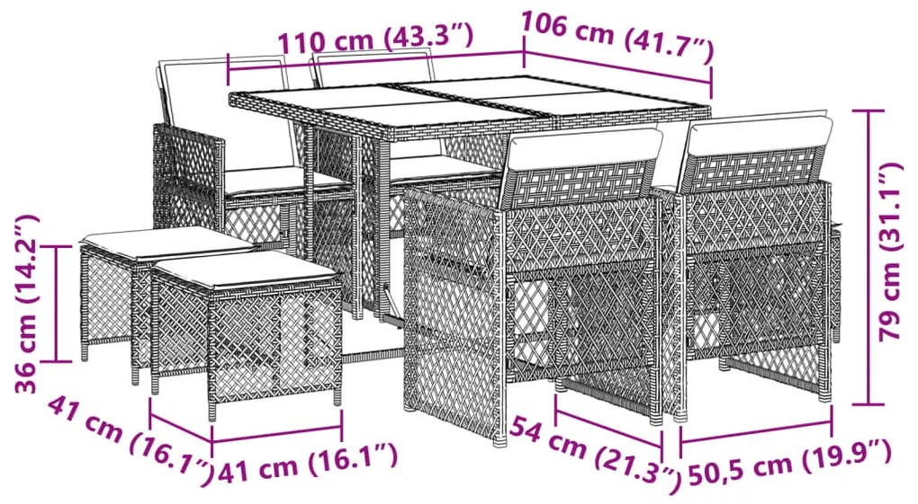 9 pcs conjunto jantar p/ jardim c/ almofadões vime PE castanho