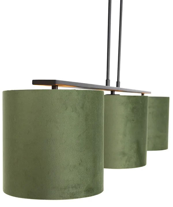Candeeiro de suspensão com abajures de veludo verde com dourado 20cm - Combi 3 Deluxe Country / Rústico