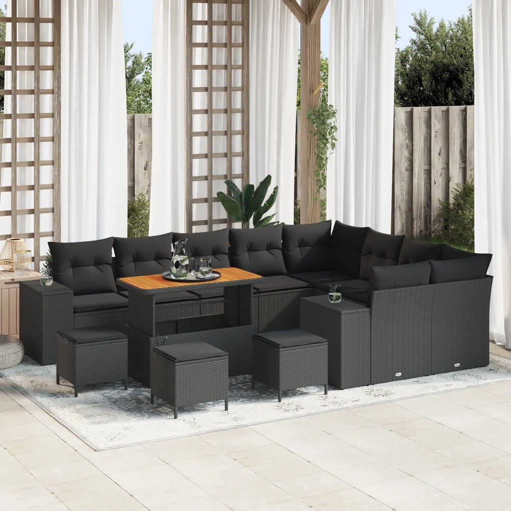 Conjunto de Sofá de Jardim vidaXL de 13 Peças com Almofadas Preto Vime Sintético Acácia
