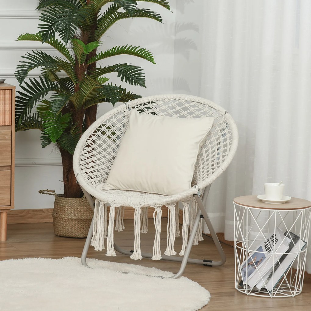 Poltrona redonda de jardim Loveuse, em forma de lua, dobrável, de grande conforto, em macramé de algodão e poliéster, bege