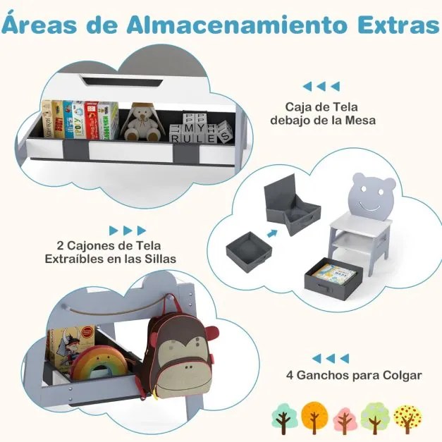 Conjunto Mesa e 2 cadeiras infantis 5 em 1 com tampo reversível preto e branco com Detalhe Curvo, 4 ganchos, compartimentos e recipientes Cinzenta