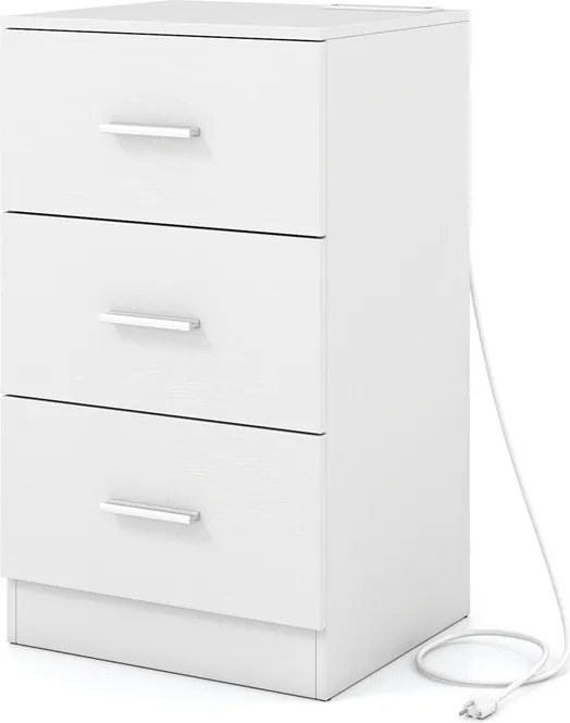 Mesa de cabeceira com base de carregamento 38 x 35 x 66 cm, 3 gavetas, porta USB, moderna, para sala ou quarto, branca