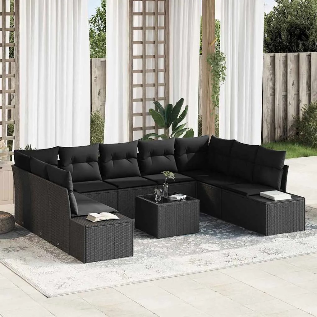 vidaXL Conjunto de Sofá de Jardim com almofada 10 pcs Preto vime PE