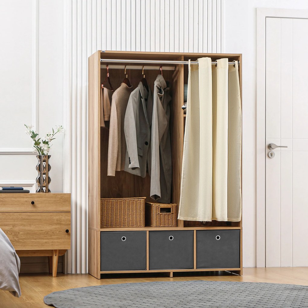 Armário de roupa, com varão para cortinas, 3 gavetas de tecido removíveis, 105 x 48 x 160 cm, natural