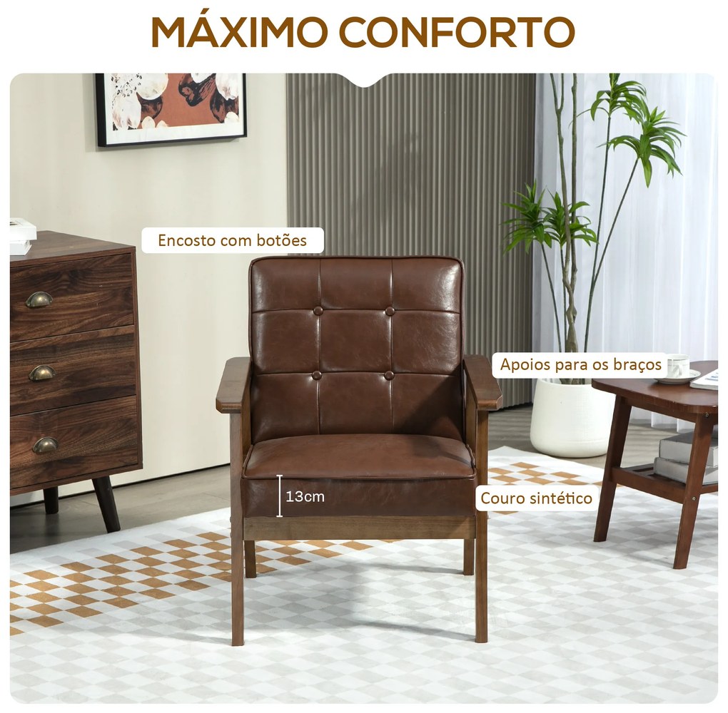Poltrona Sala de Estar Estofada em PU com Apoio para os Braços e Estrutura de Madeira de Borracha 64x66x80 cm Castanho