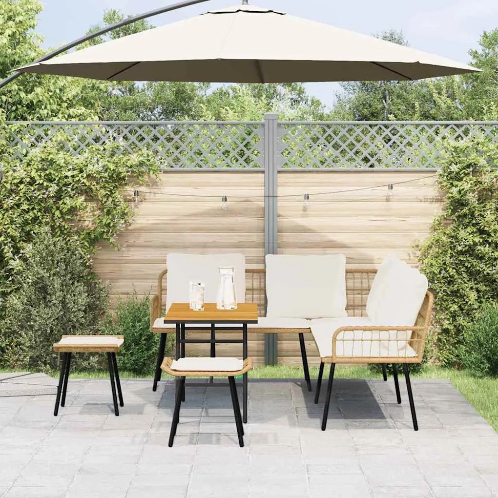 Conjunto de Sofá de Jardim de 4 Peças com Almofadas em Rattan Natural