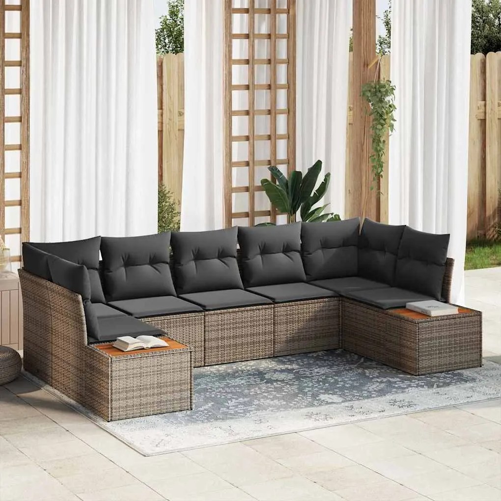 vidaXL Conjunto de Sofá de Jardim de 7 Peças com Almofadas Cinzas em Rattan Sintético e Acácia