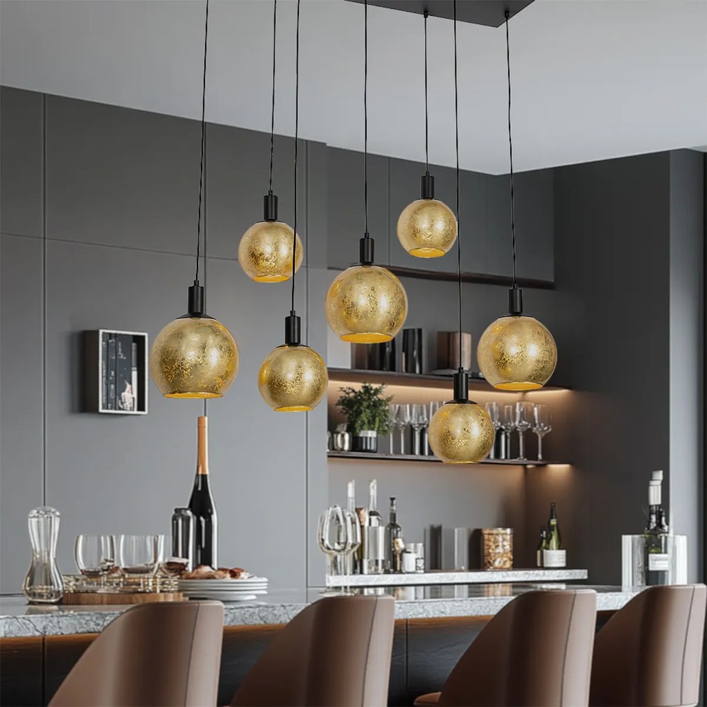 Candeeiro suspenso inteligente preto com vidro dourado 7 luzes Incl. 7 Wifi A60 - Bert