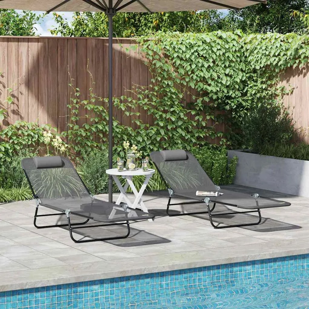 vidaXL Camas de Sol Reclináveis 2 pcs com Apoio de Cabeça Cinza em Textilene