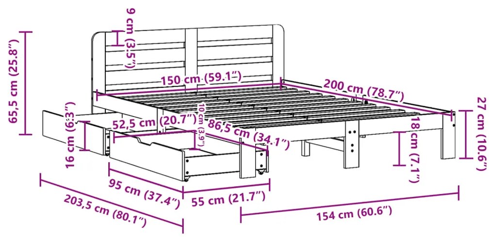 Cama sem colchão 150x200 cm madeira de pinho maciça branco