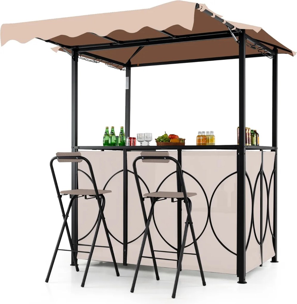 Tenda jardim com mesa de bar e 2 cadeiras dobráveis com prateleiras de metal para jardim 193 x 117 x 240 cm Café