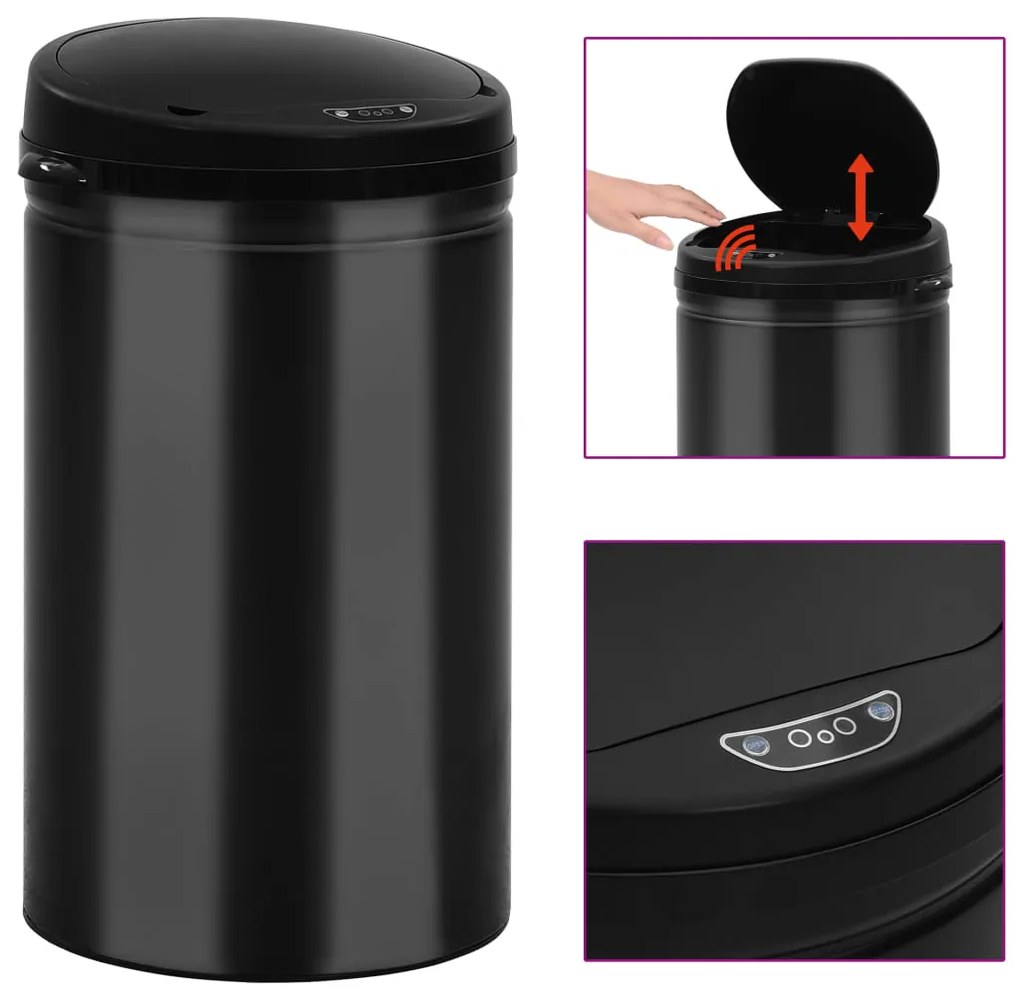 322699 vidaXL Caixote do lixo com sensor automático 40 L aço carbono preto