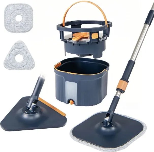 Esfregona giratória com balde separador de água limpa e suja, cabeças autoescorregantes, panos de microfibra, limpeza profunda 360°, azul escuro