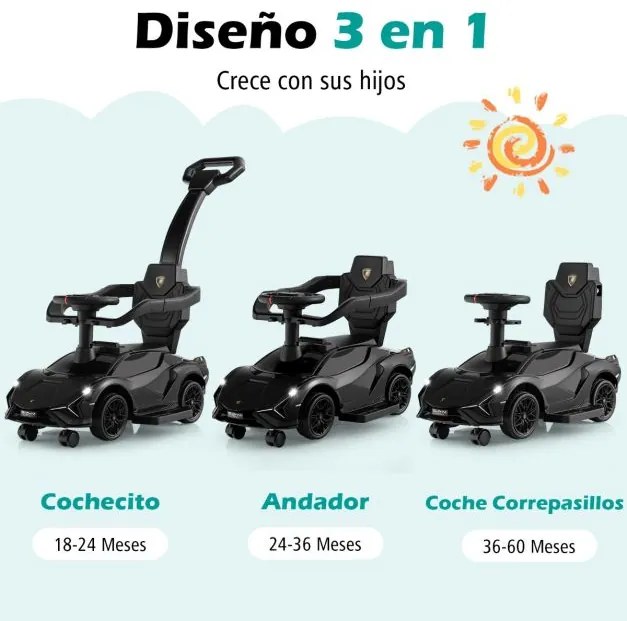 Carrinho de bebé deslizante 3 em 1 com corrimão e guiador amovíveis Música e faróis Rodas Carrinho de bebé Preto