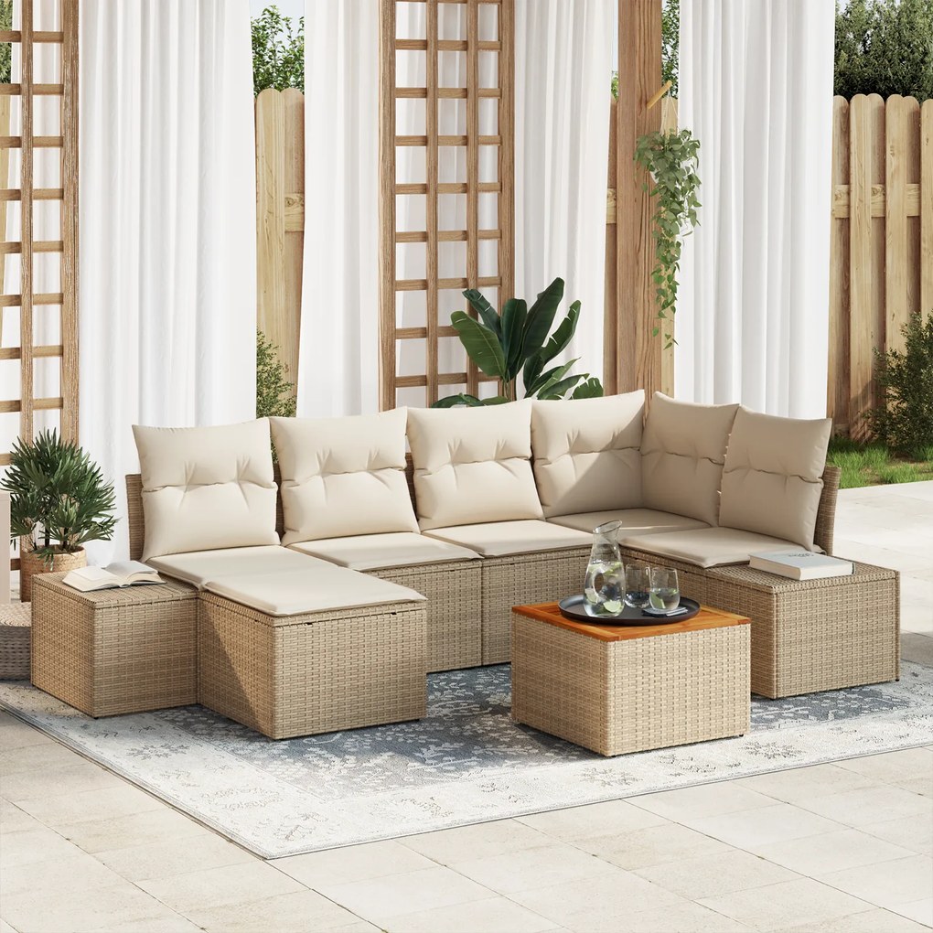 Conjunto de Sofás de Jardim de 7 Peças com Almofadas em Bege Rattan Si